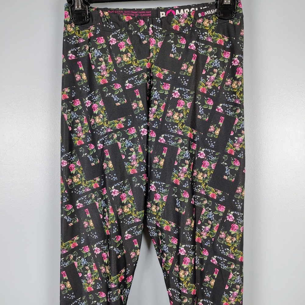 Bombsheller Womens M Floral Geometric Leggings Black Pink Rose Cottagecore Gym - Picture 2 of 9